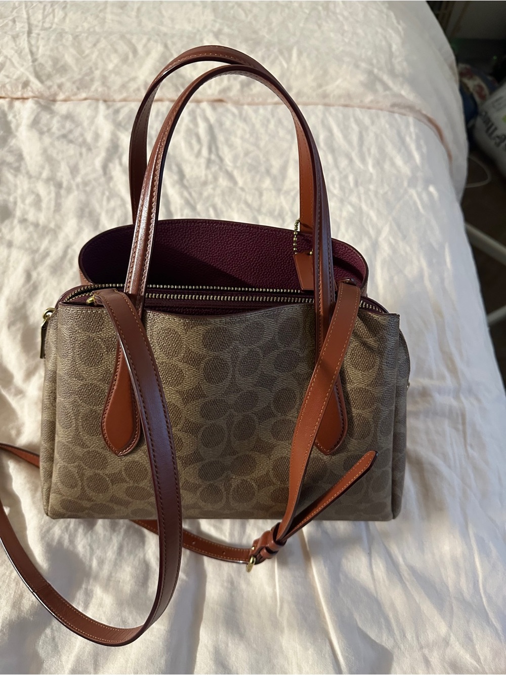 Coach Brown Signature Canvas Satchel with Chestnut Trim and Burgundy Interior